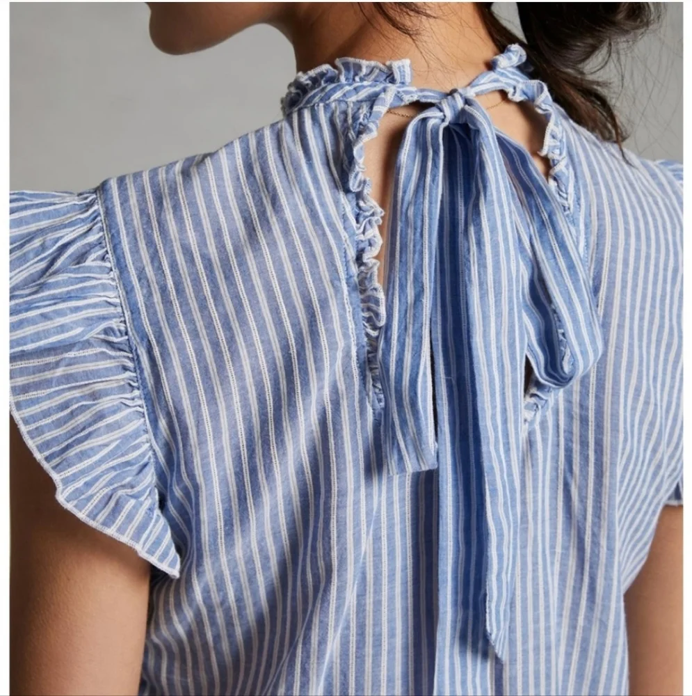 Anthropologie Uli Ruffle Flutter Sleeve Striped Cotton Blouse XS - Picture 2 of 12